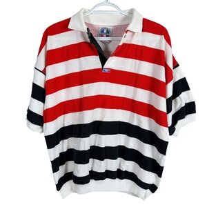 Vintage Jordache Sport Polo Shirt Snaps Mens L Red White Black Striped 80s 90s